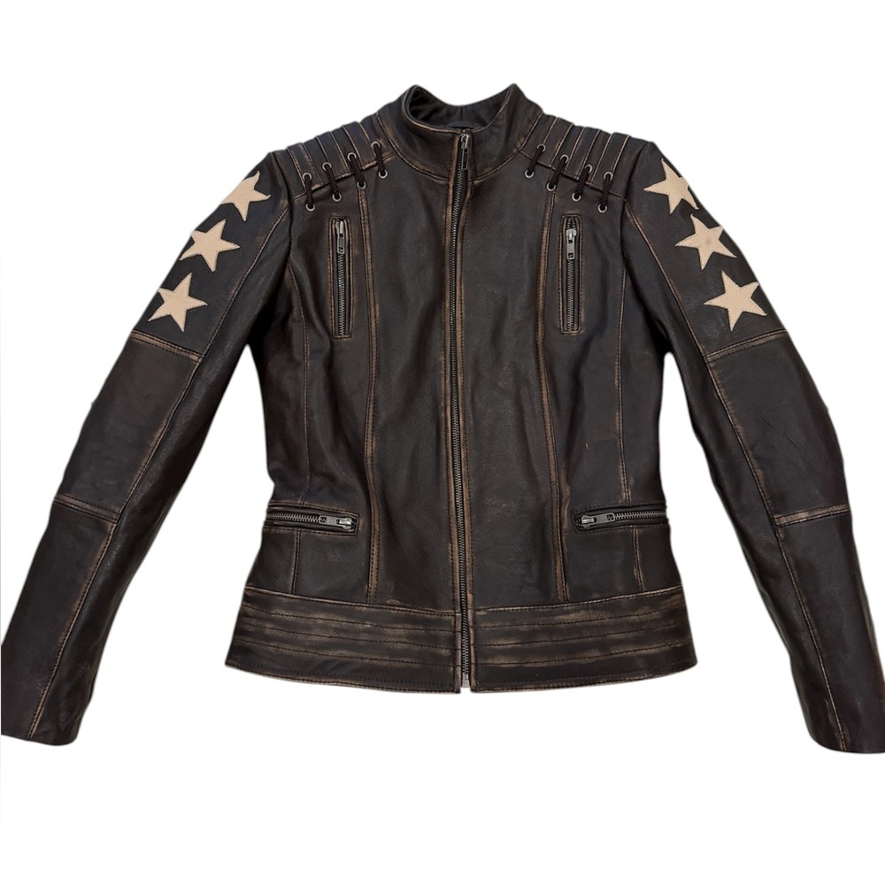 Women's Brown distressed faux leather Star  moto bomber bikerJacket cool Size XS